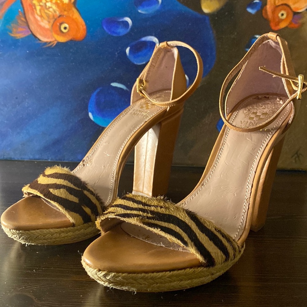 Vince Camino Nude Animal Print Calf Hair Chunky High Heel Ankle Strap Sandals